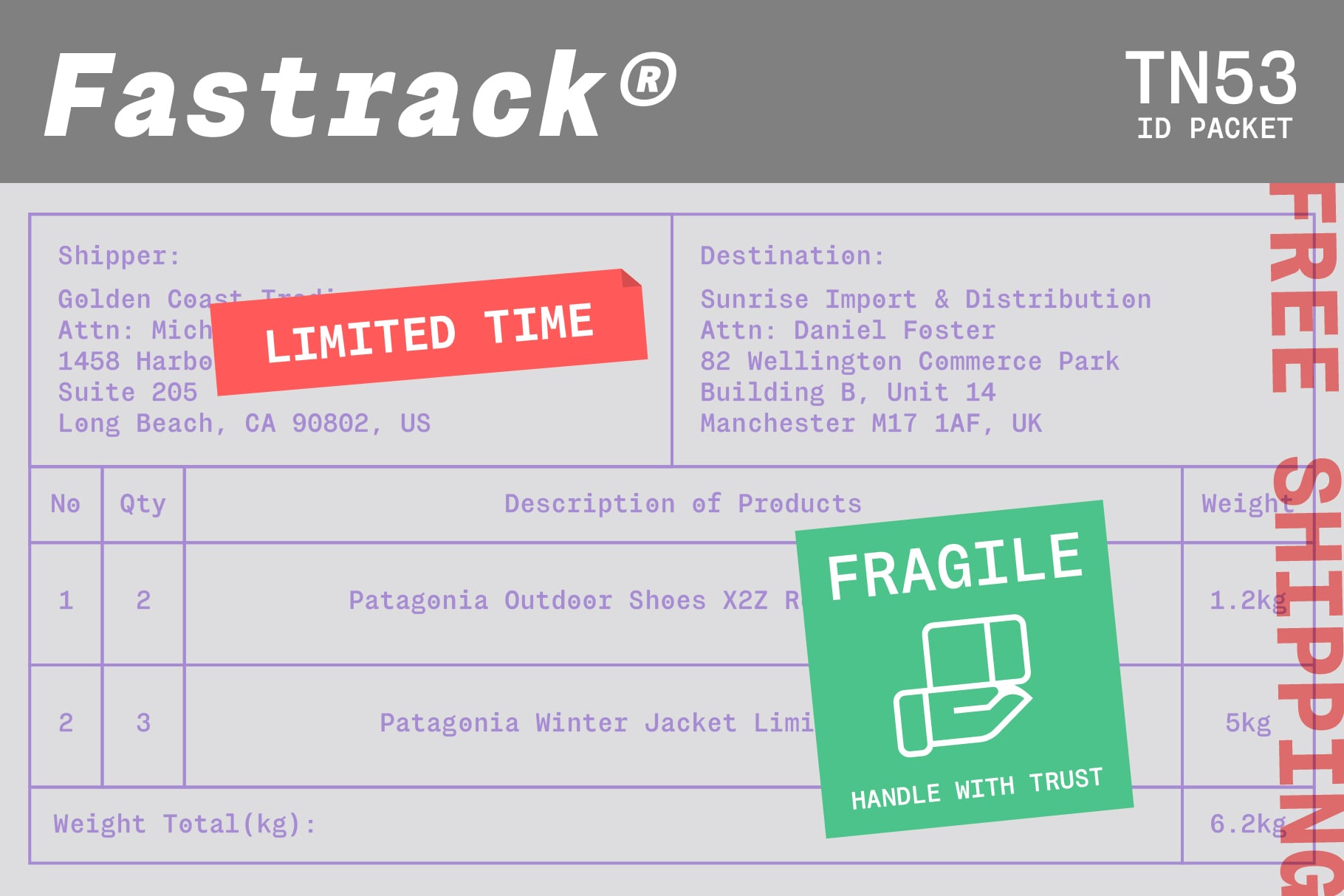 Fastrack shipping label mockup with limited time offer sticker, fragile warning label, shipper details