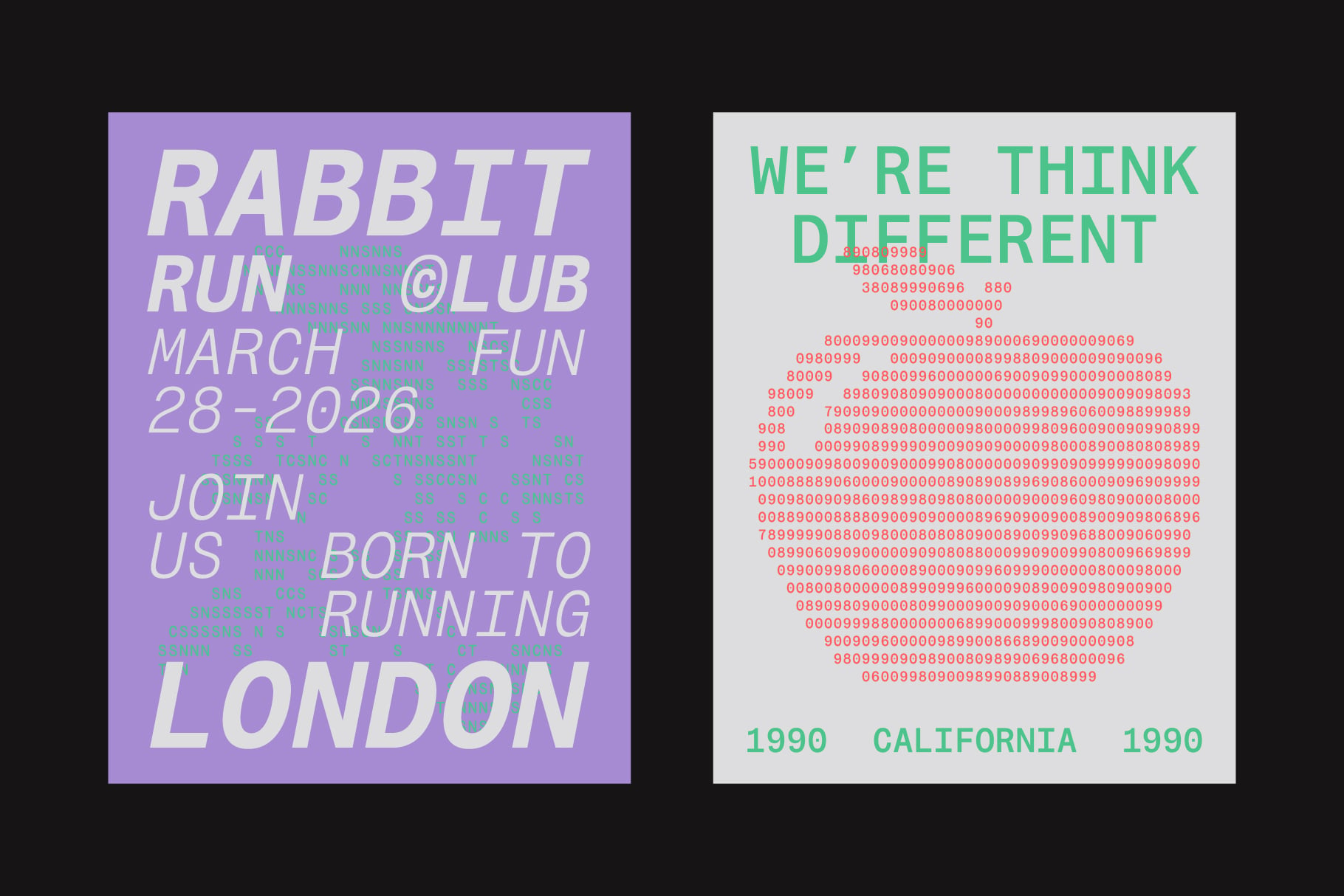 Rabbit Run Club event poster in purple with white italic type, paired with retro California design in green on cream background