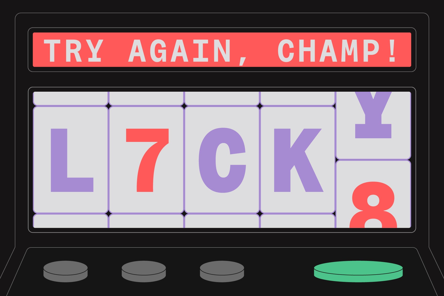 Retro slot machine mockup with purple letters, red numbers, neon grid lines on black background