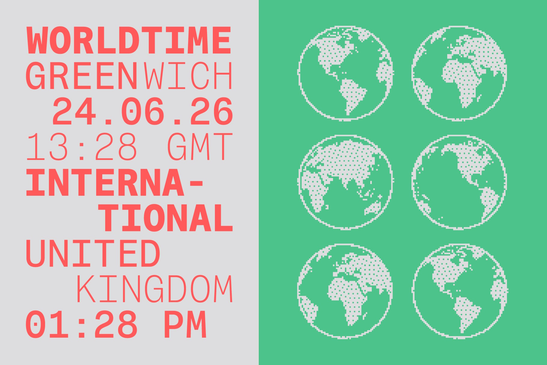 Split screen mockup showing red worldtime text on gray with pixelated globes on bright green