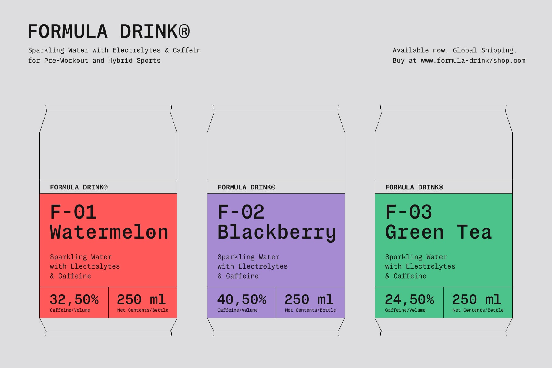 Three sparkling water can mockups in red, purple, green with flavor labels