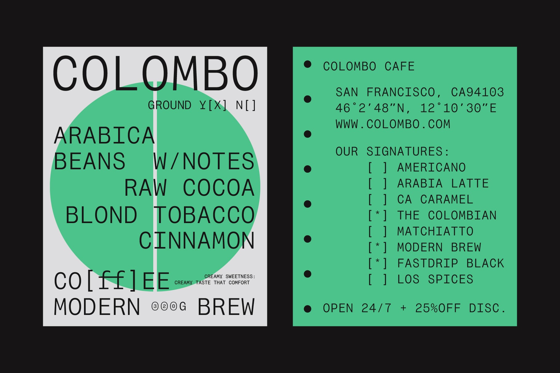 Colombo Cafe menu mockup with mint green circle on gray, matching info card with bullet points