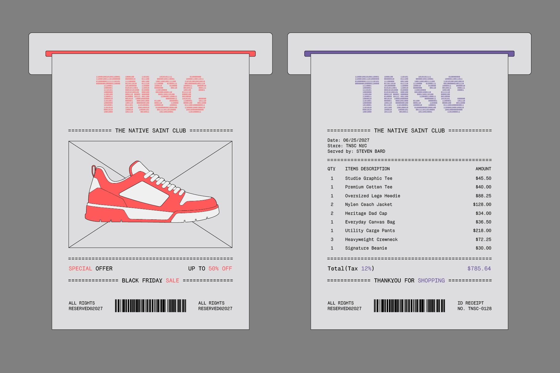 Retro receipt mockups in red with sneaker graphic, plus purple invoice version with itemized clothing list