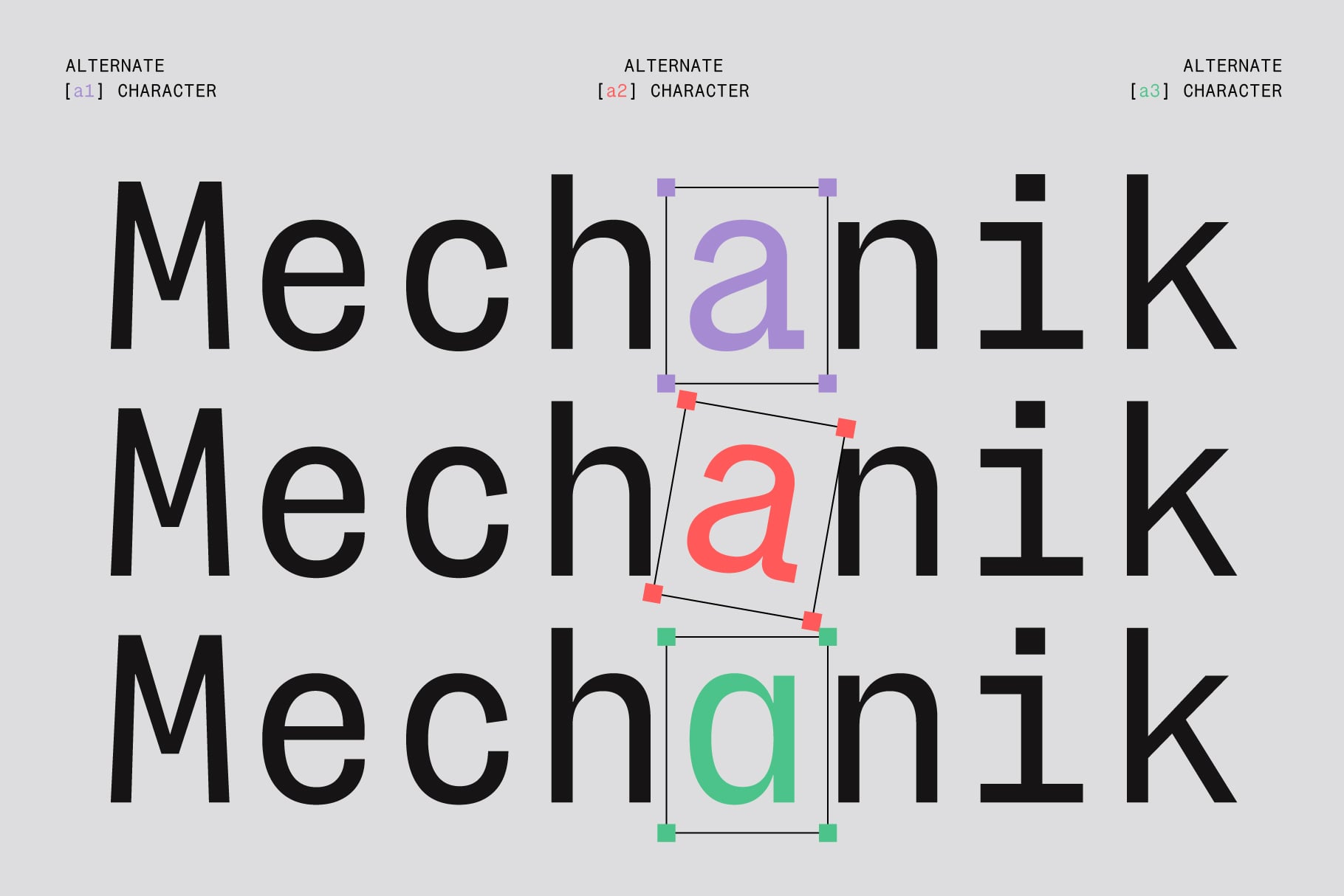 Mechanik font showing alternate character variations in purple, red, green with selection handles visible