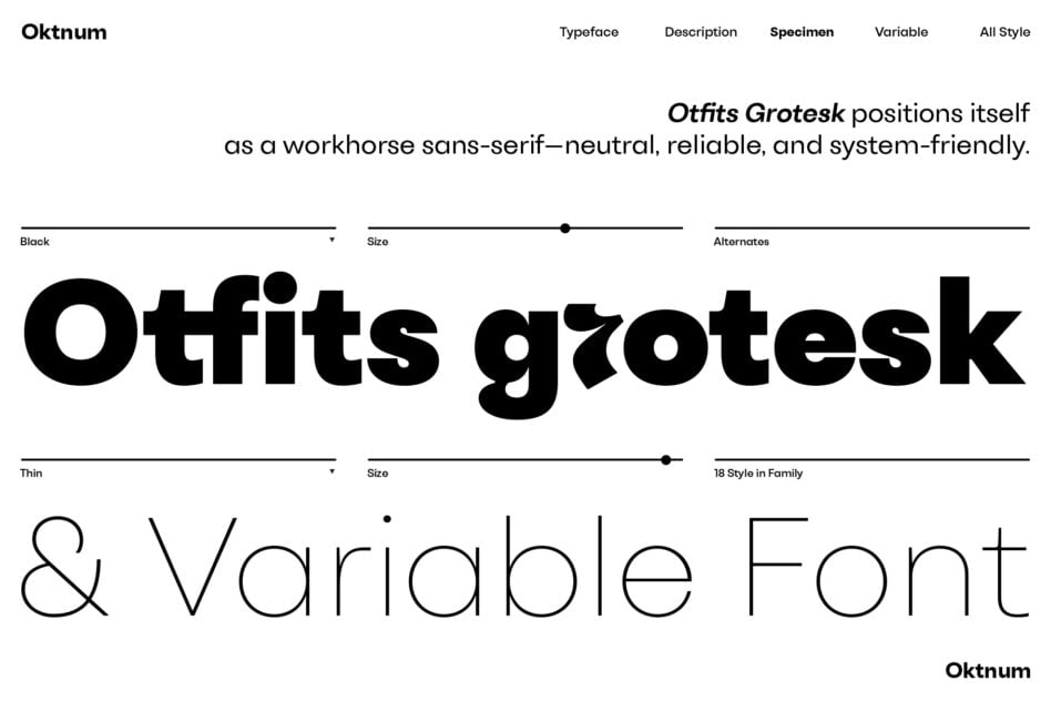 Otfits Grotesk font family showing bold black weight with thin outline weight below