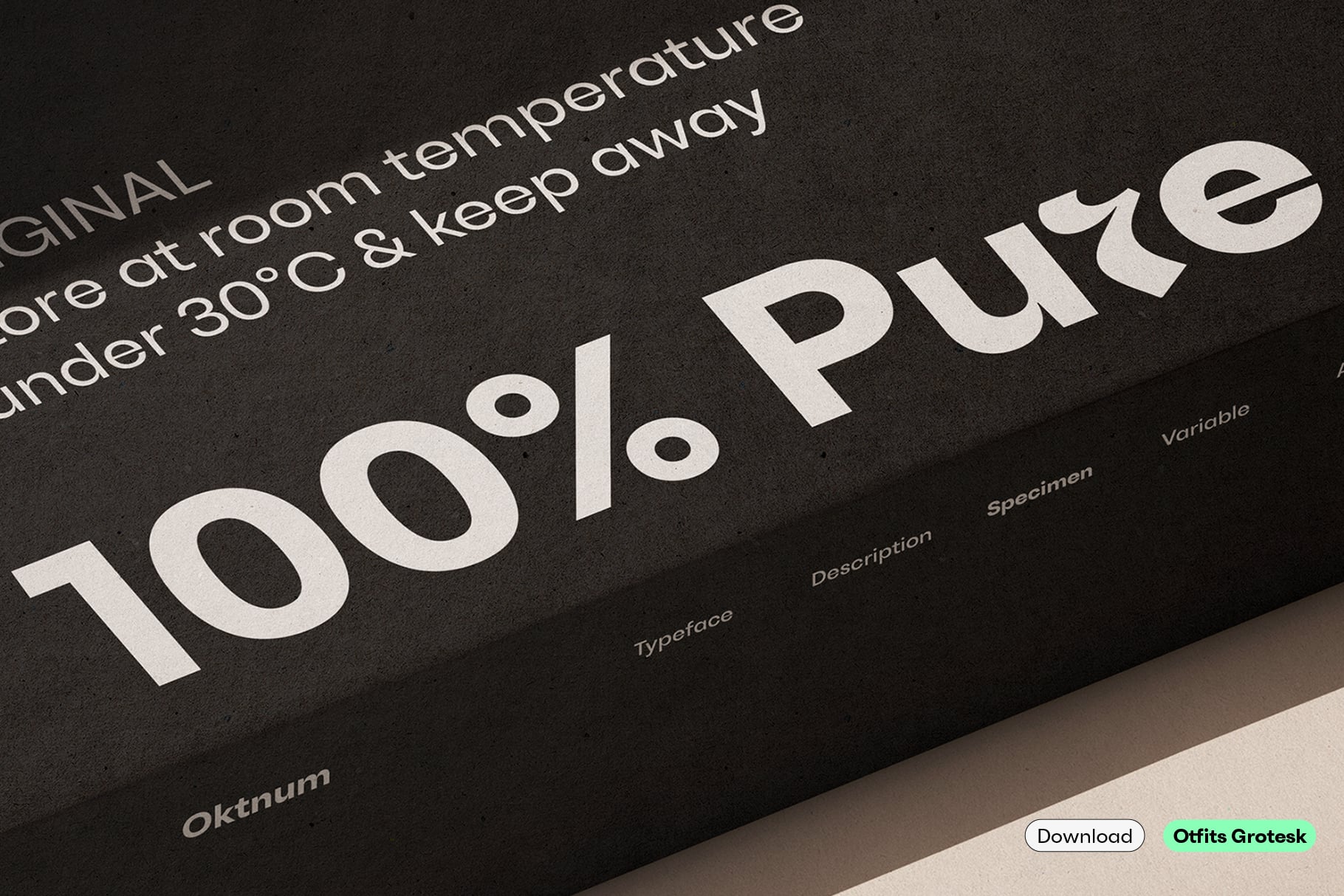 Modern sans serif typeface specimen sheet with white text on dark background showing font details