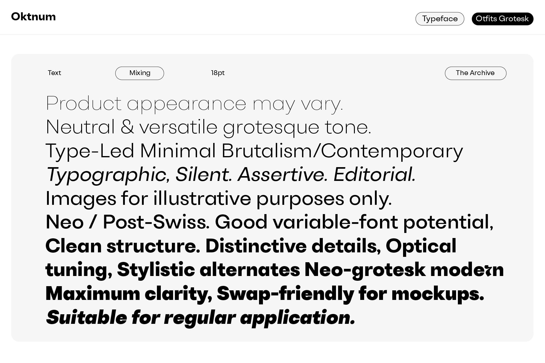 Outfits Grotesk font specimen showing neutral grotesque typeface in minimal brutalist style
