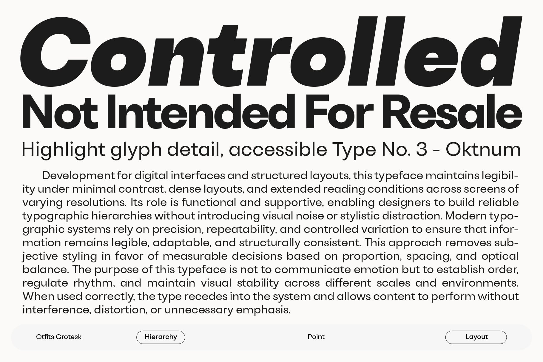 Bold sans serif font specimen showing "Controlled Not Intended For Resale" with Type No. 3 Oktnum details