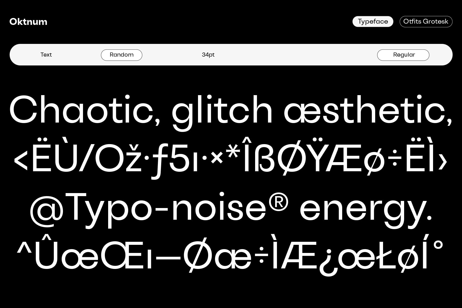 Oktnum typeface displaying chaotic glitch characters with experimental symbols on black