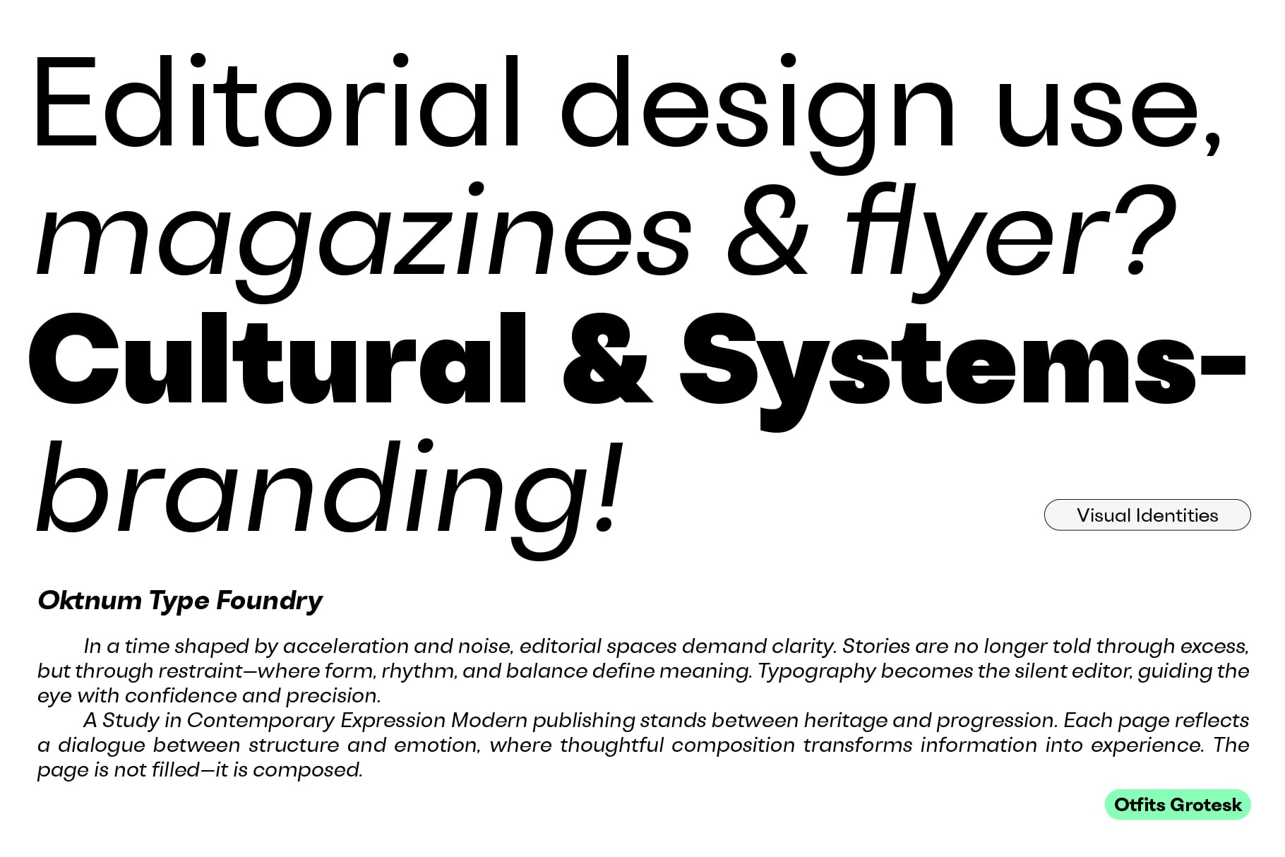Oktnum Type Foundry font specimen showing editorial layout with mixed serif typography in black on white