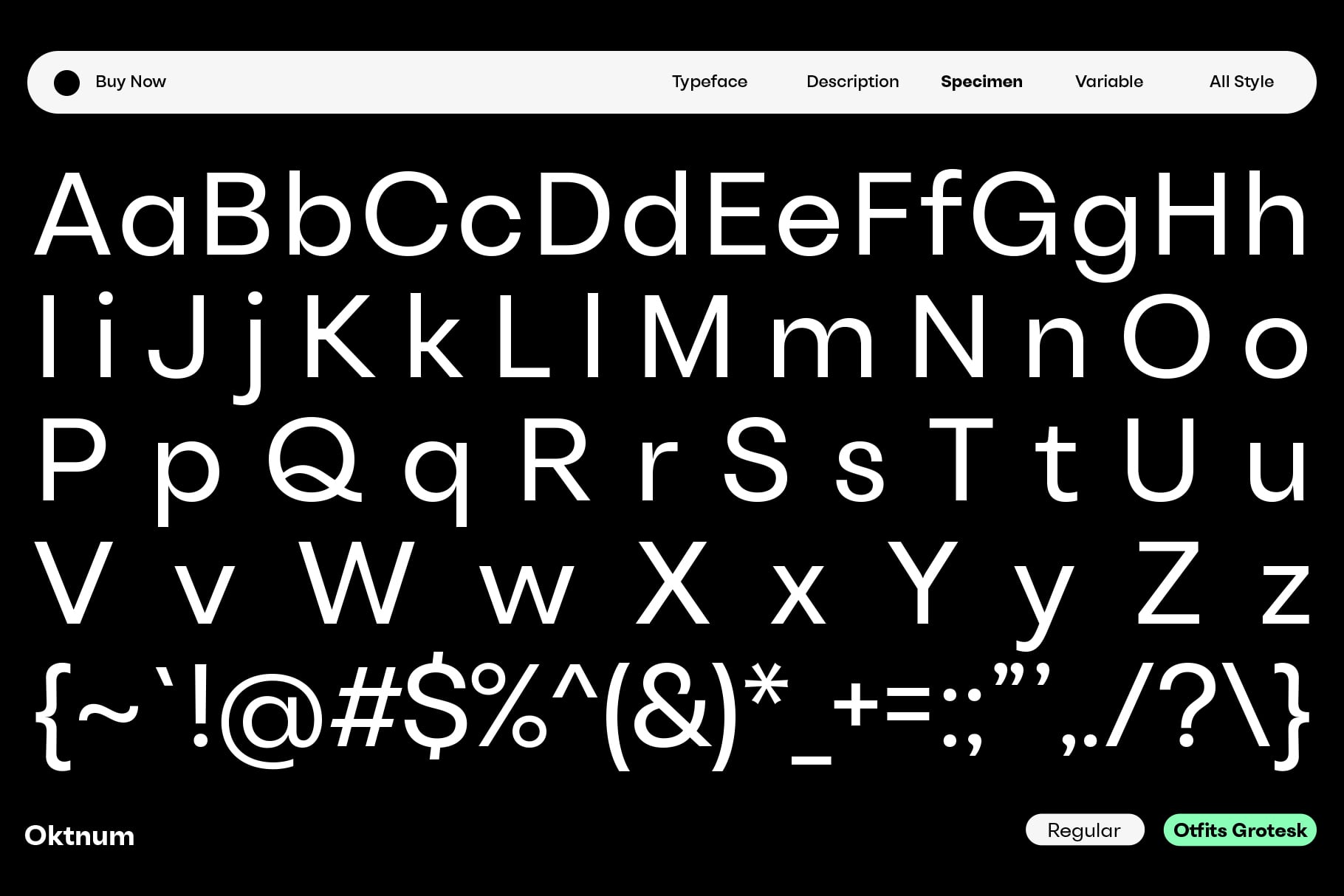 Oktnum typeface displaying full character set with letters, numbers, symbols on black background