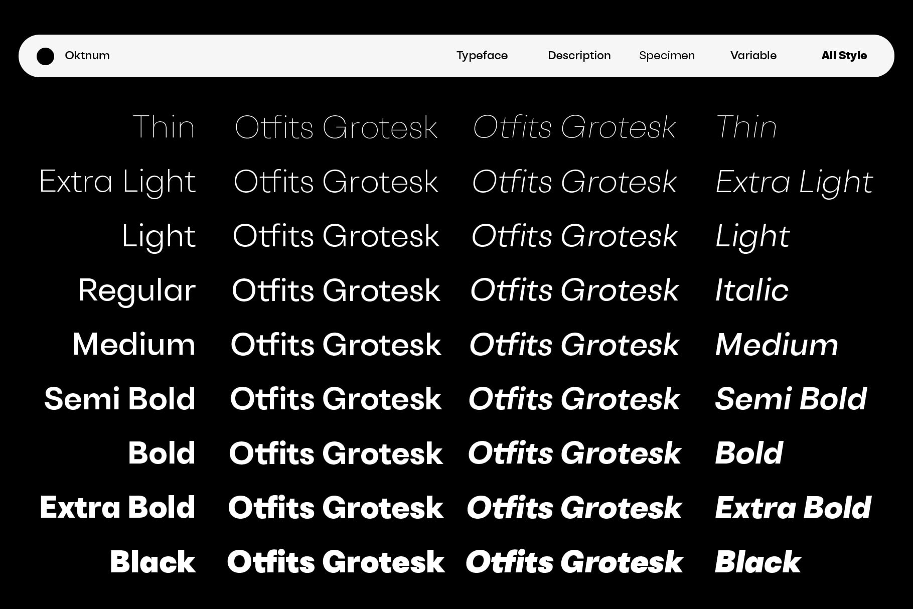 Oftits Grotesk font family showing all weights from thin to black on dark background