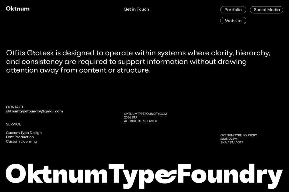 Otfits Grotesk sans serif typeface sample showing clean geometric letterforms in white on black background