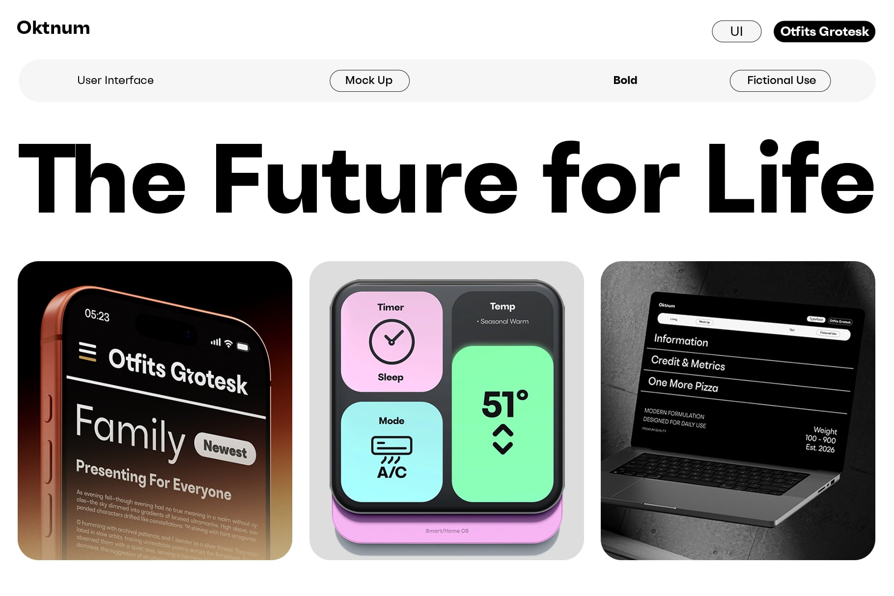 Oktnum UI mockup showing smartphone, smart home device, laptop displaying bold Offits Grotesk typography