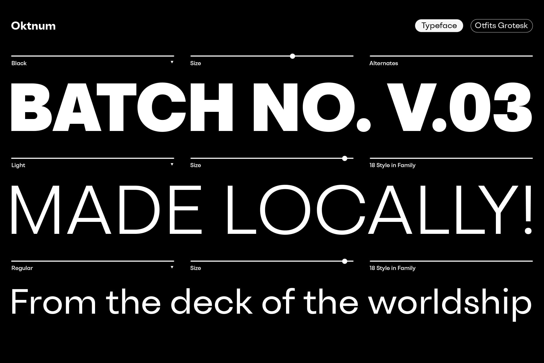 Oktnum typeface family showing bold, light, regular weights with sample text on black background