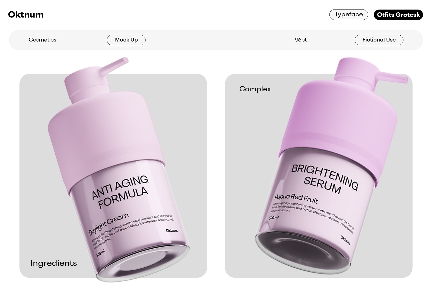 Two pink skincare bottles with pump dispenser on left, jar with lid on right, showing labels for anti-aging cream plus brightening serum mockup