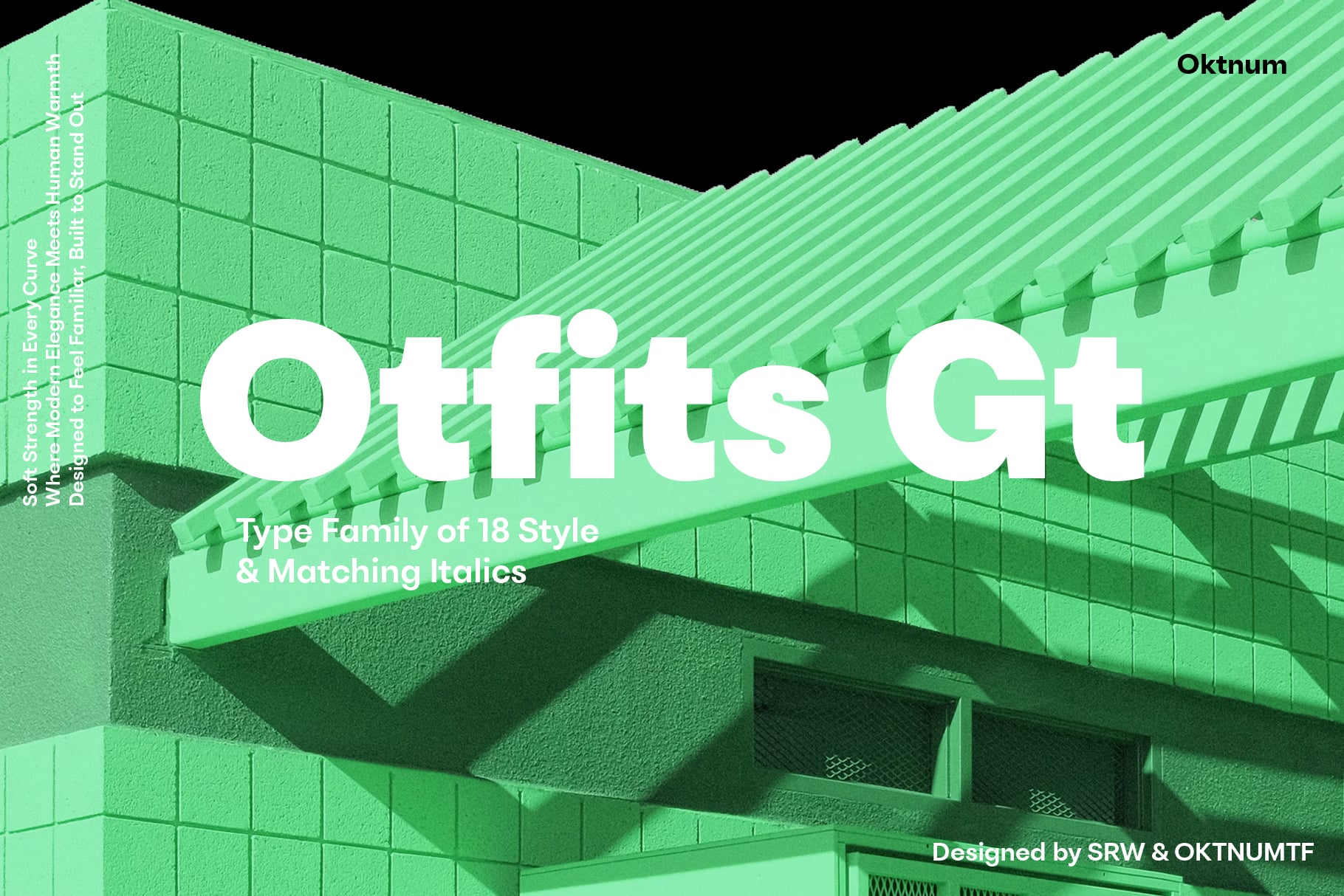 Oftits Gt typeface displayed in bold white letters on monochromatic green brutalist architecture with geometric shapes