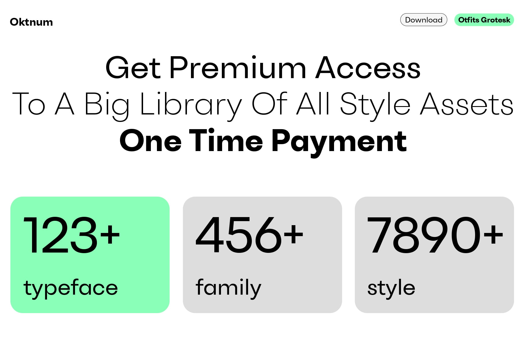 Screenshot showing premium access offer with 123+ typefaces, 456+ families, 7890+ styles included
