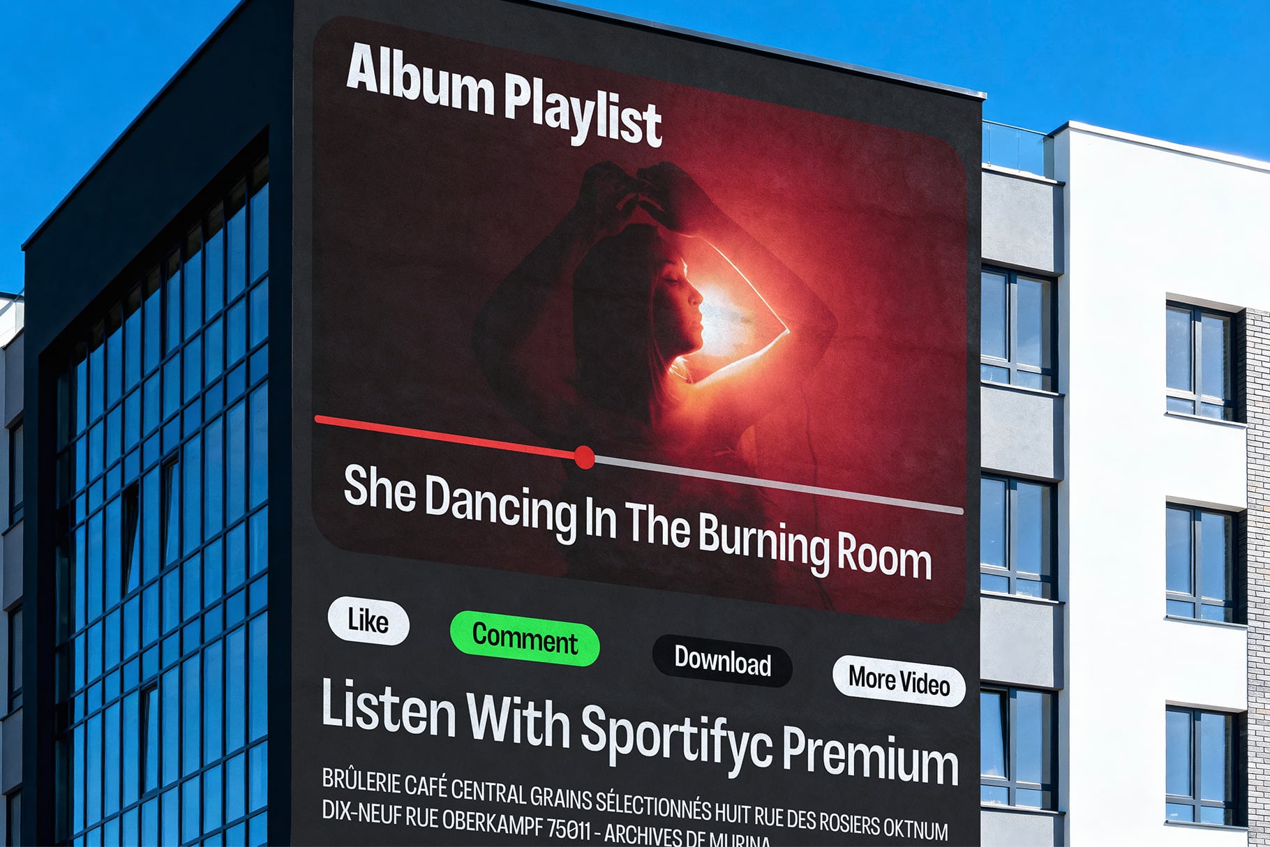 Spotify playlist billboard mockup with neon red glow, play button slider, social media buttons on urban building