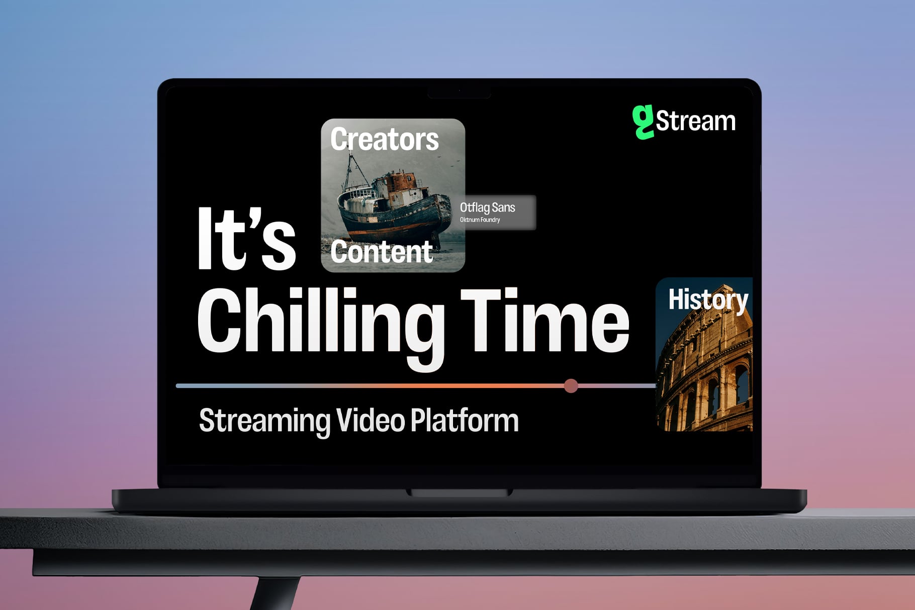 Laptop screen showing streaming platform UI with "It's Chilling Time" headline, category cards, progress bar, neon green logo