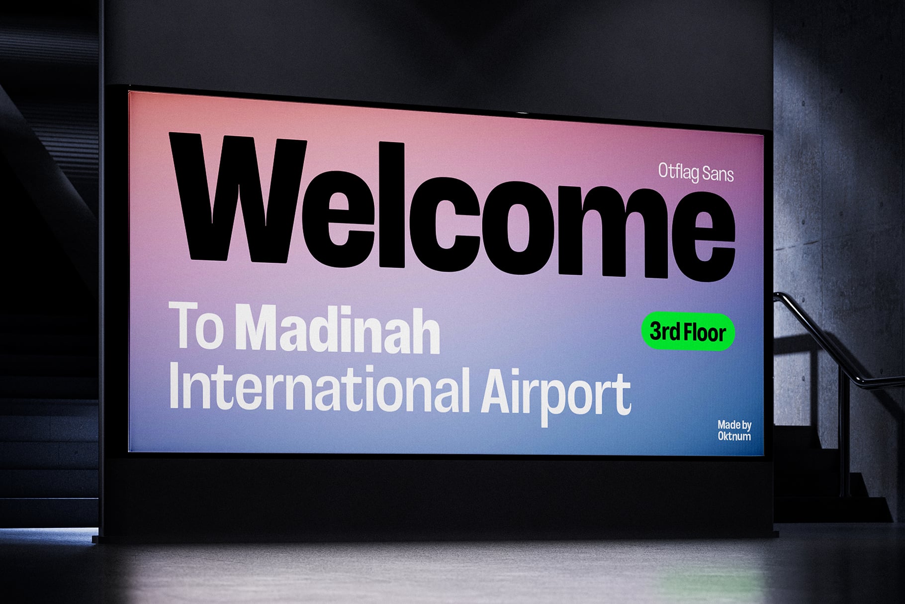 Digital billboard mockup showing airport wayfinding sign with gradient background in Otflag Sans font