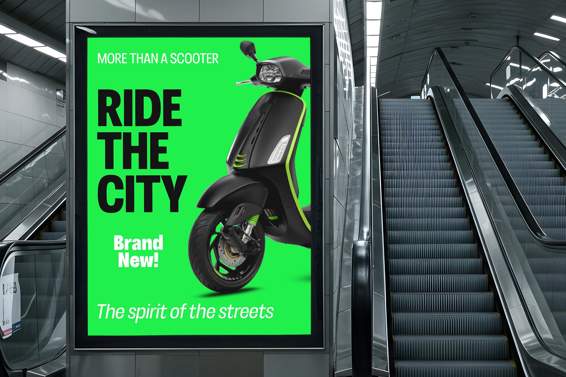 Bright neon green poster with black electric scooter, bold typography saying "Ride The City" displayed in modern subway station