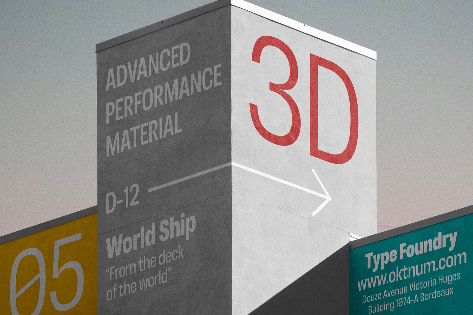 3D box mockup with red typography on white side, gray text on dark panel, yellow number, teal foundry label below