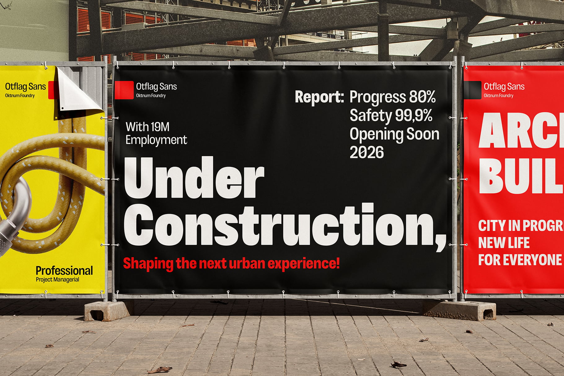 Construction site billboard mockup with bold typography, yellow, black, red panels against brutalist architecture