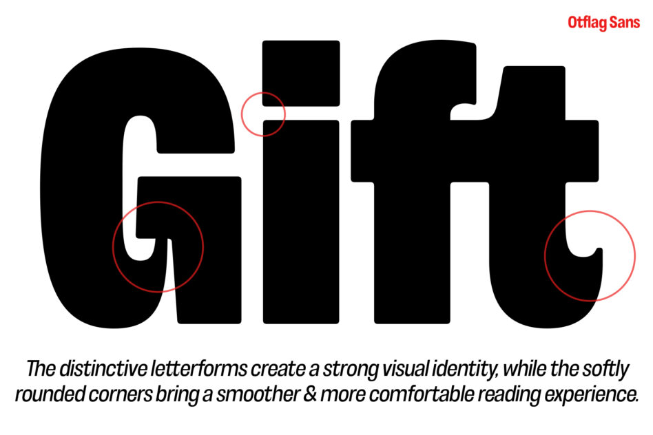 Otflag Sans font family showing bold black letterforms with rounded corners highlighted in red circles