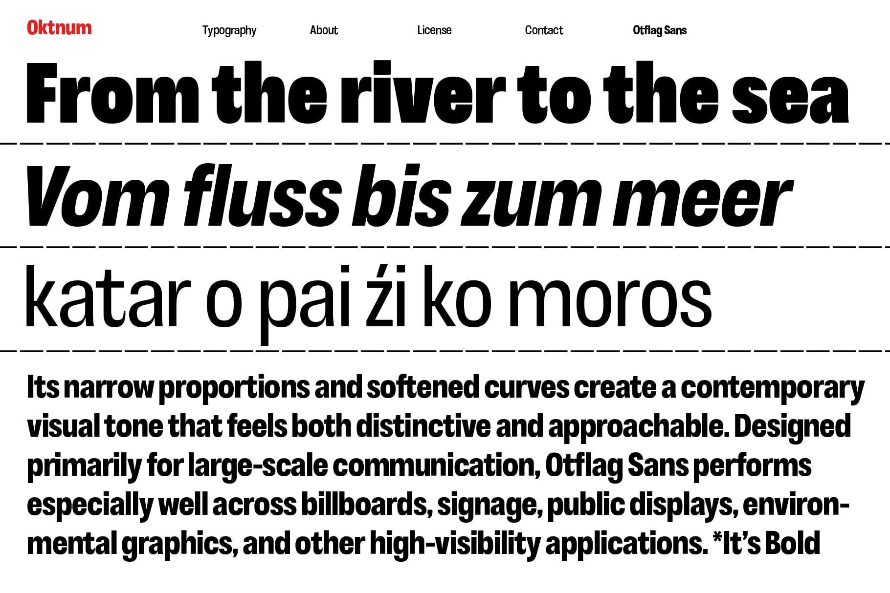 Otflag Sans font specimen showing bold multilingual text samples in English, German, or Nepali