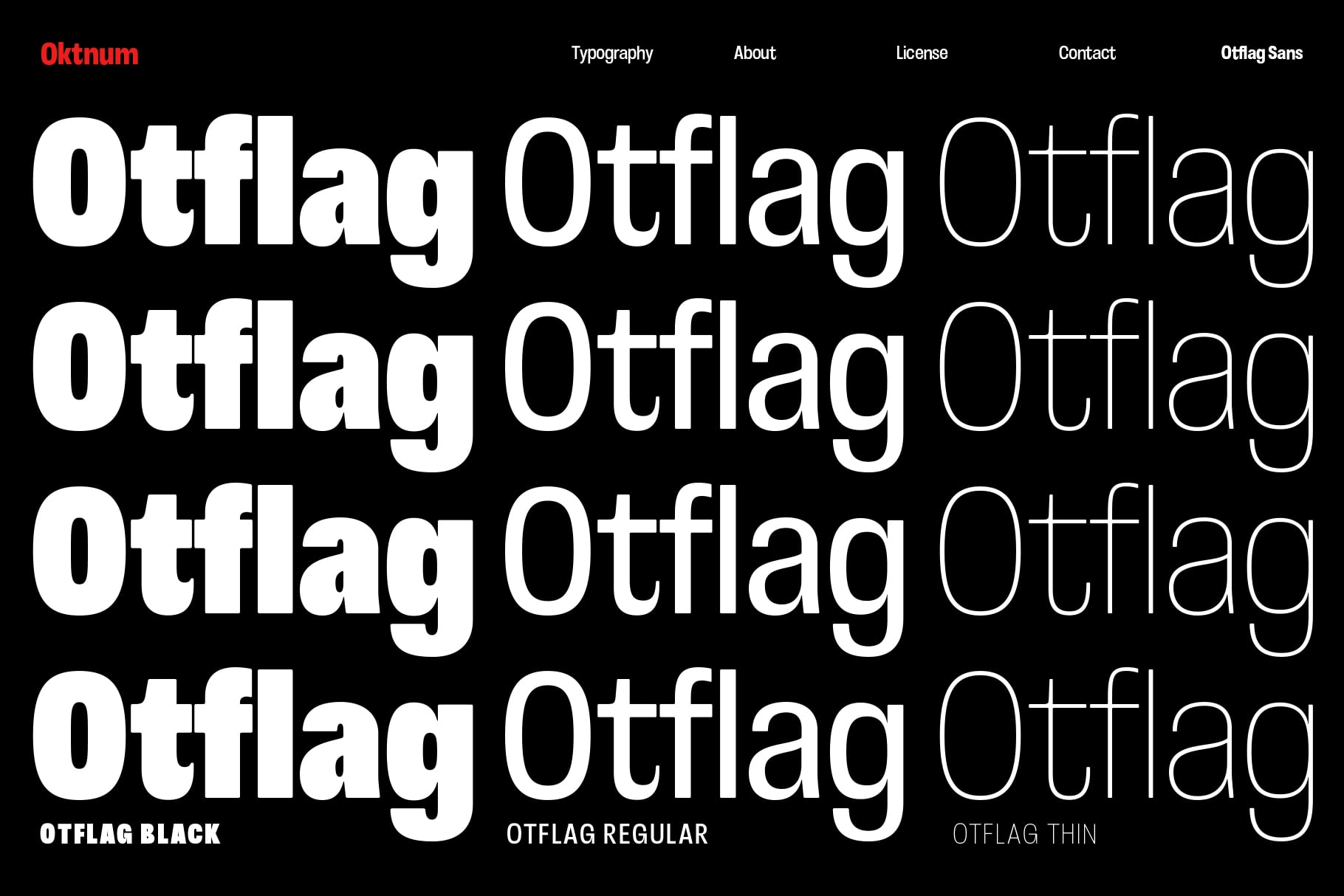 Otflag Sans typeface showing bold, regular, plus thin weights on black background