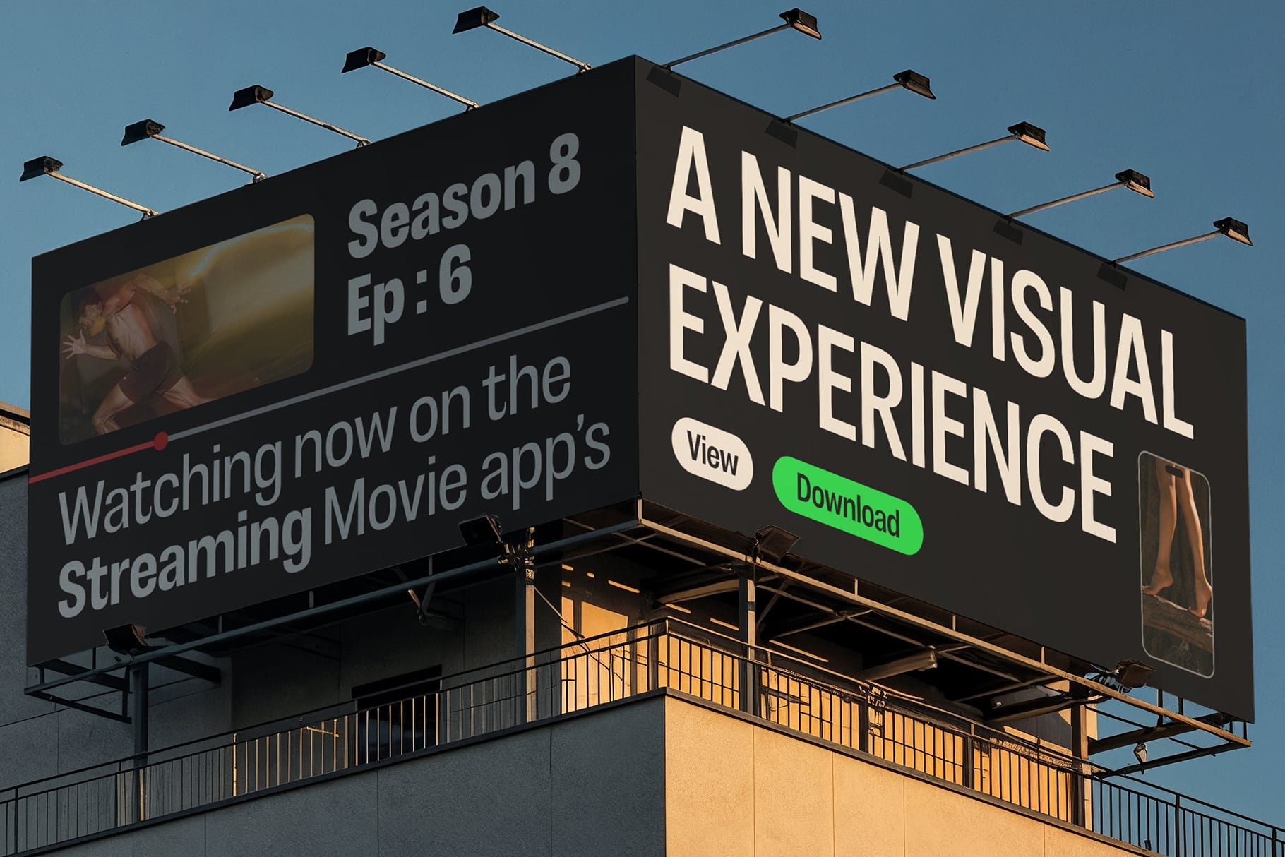Billboard mockup for streaming service with bright green download button on dark background