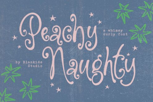 Peachy Naughty curly font with stars on textured blue background, green florals