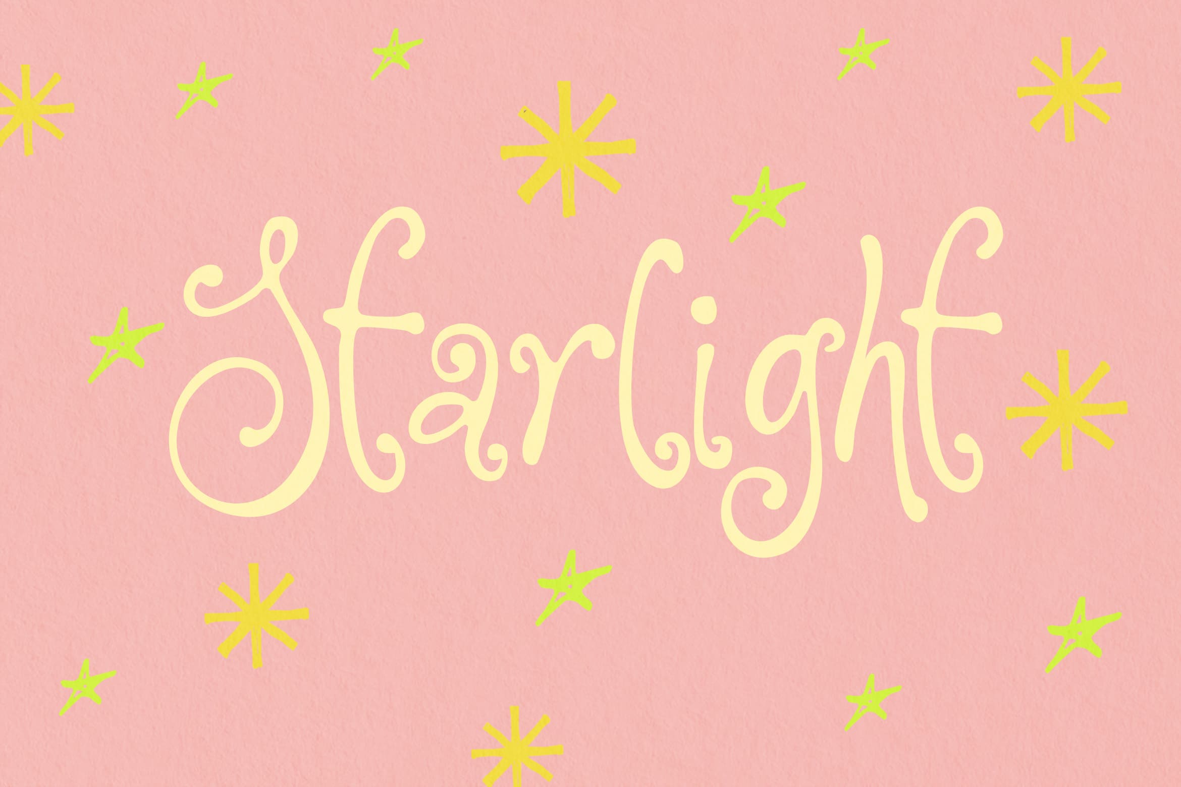 Soft pink background with pale yellow script text reading "Starlight" surrounded by neon lime stars