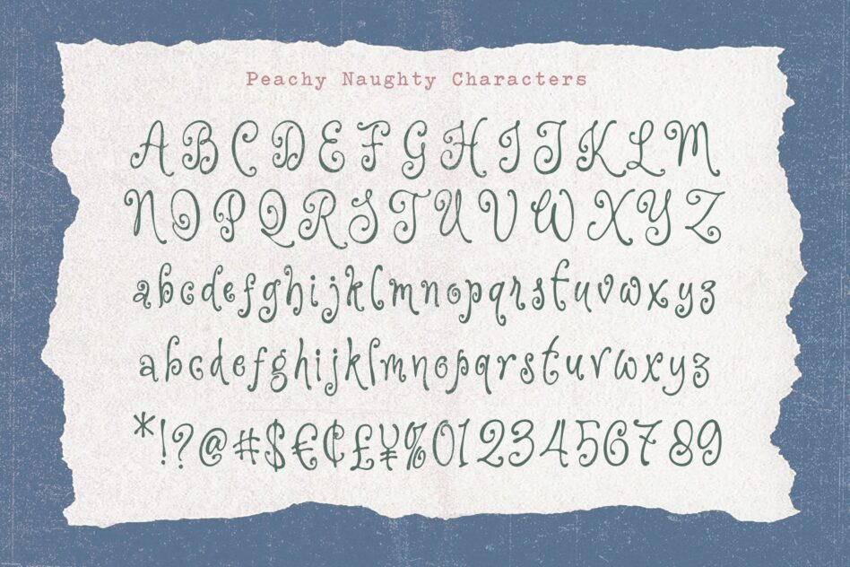 Peachy Naughty Characters font showing uppercase, lowercase, numbers, plus symbols on textured cream paper with torn edges