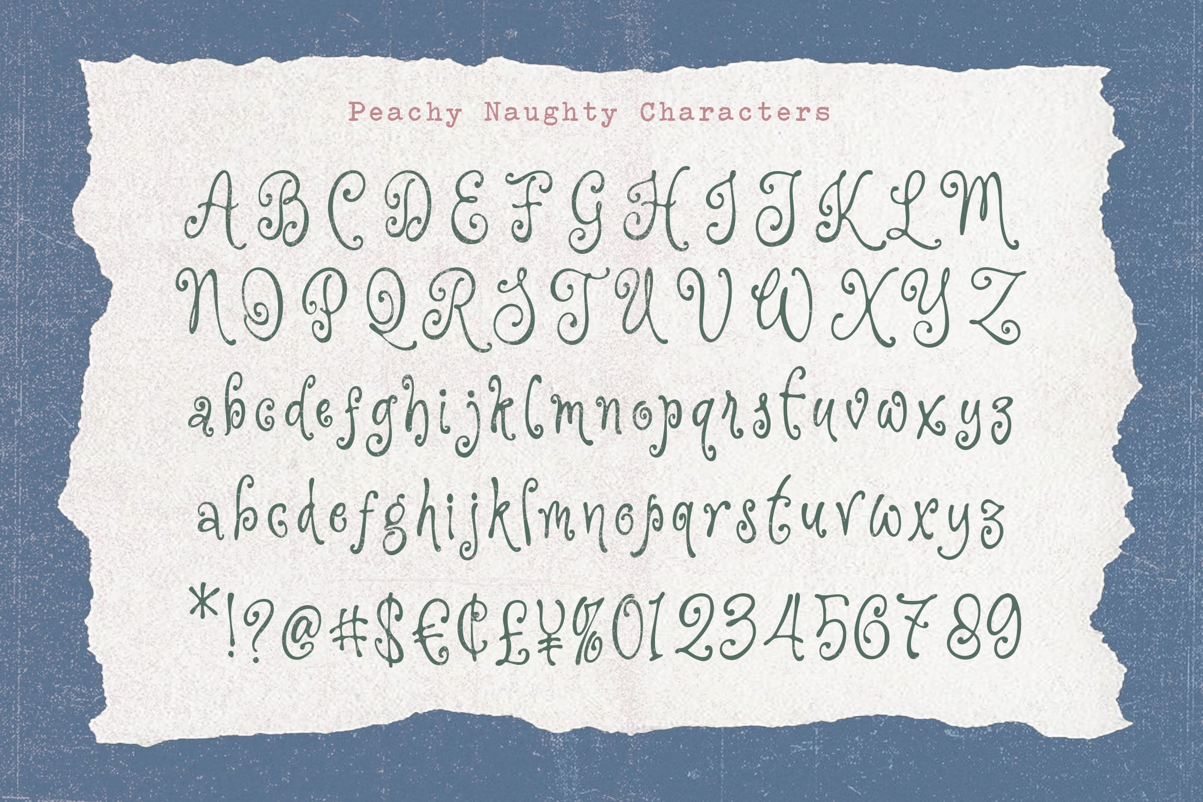 Peachy Naughty Characters font showing uppercase, lowercase, numbers, plus symbols on textured cream paper with torn edges