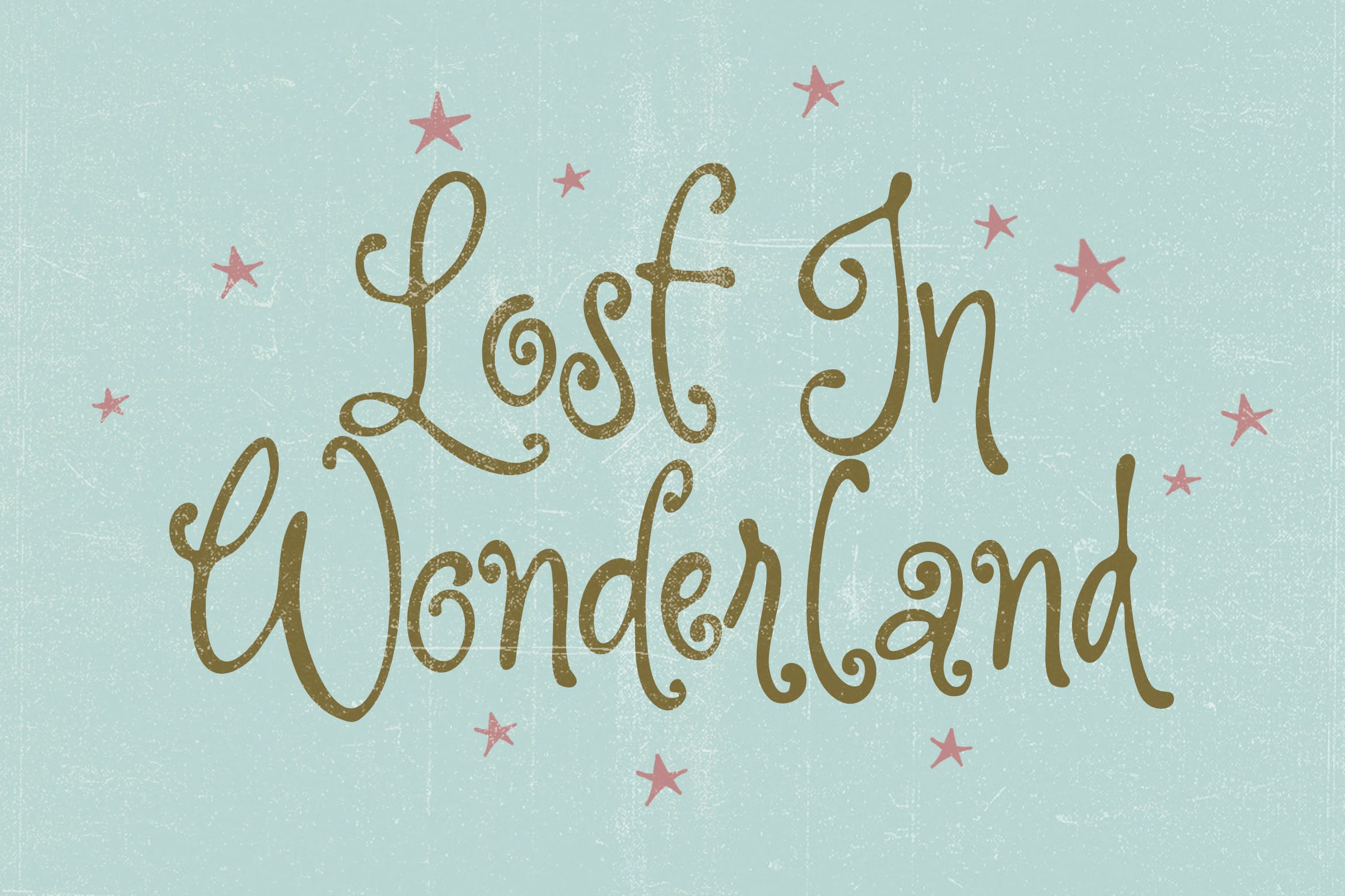 Lost in Wonderland text with scattered pink stars on soft blue textured background