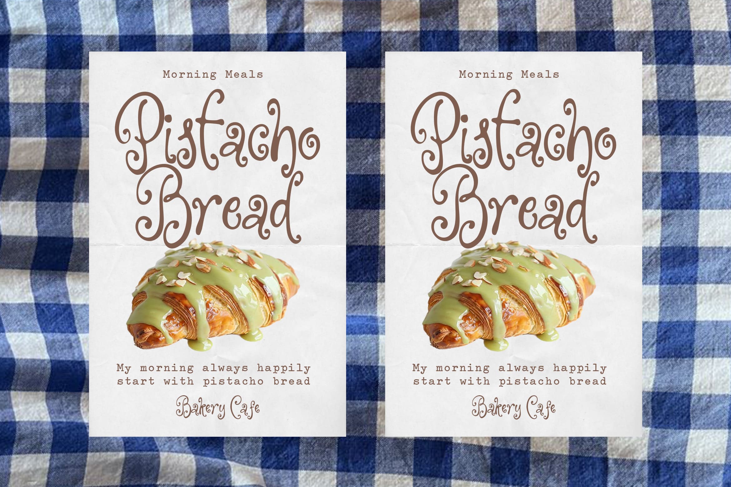 Pistachio bread cafe flyer mockup with curly script typography on gingham fabric