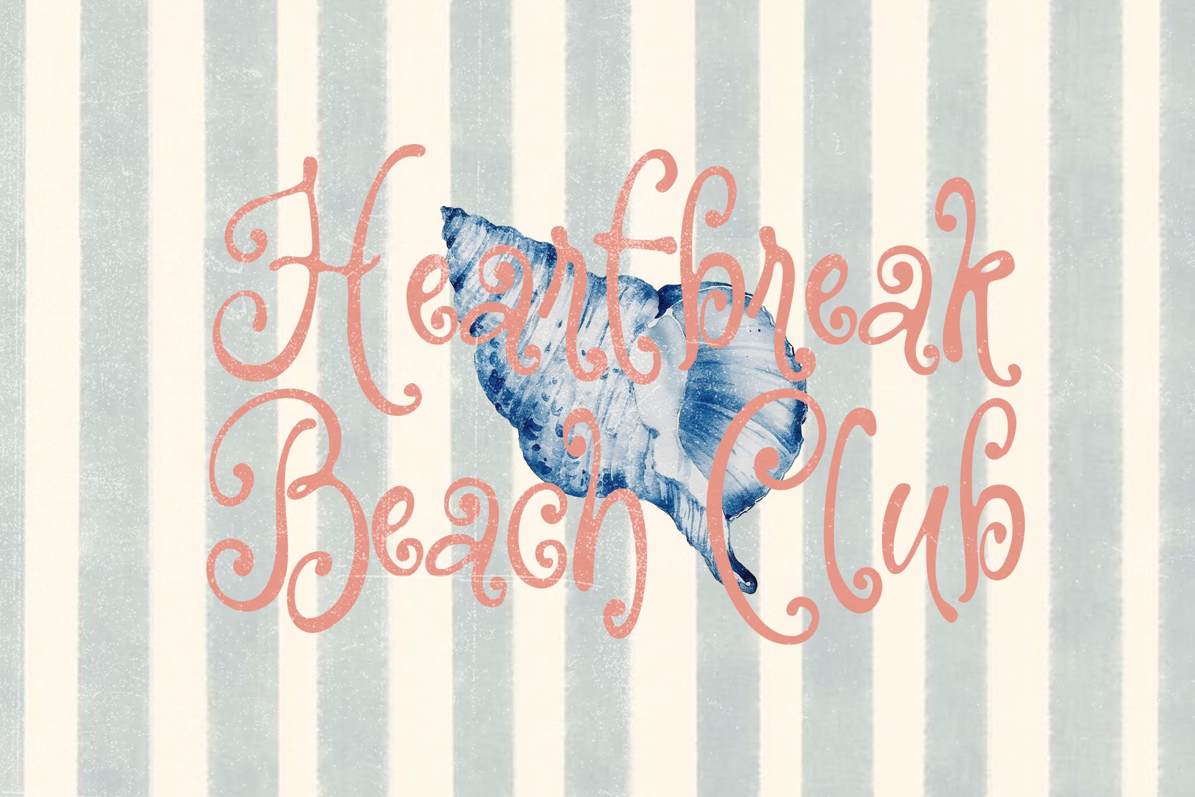 Heartbreak Beach Club text overlay with watercolor fish on striped background