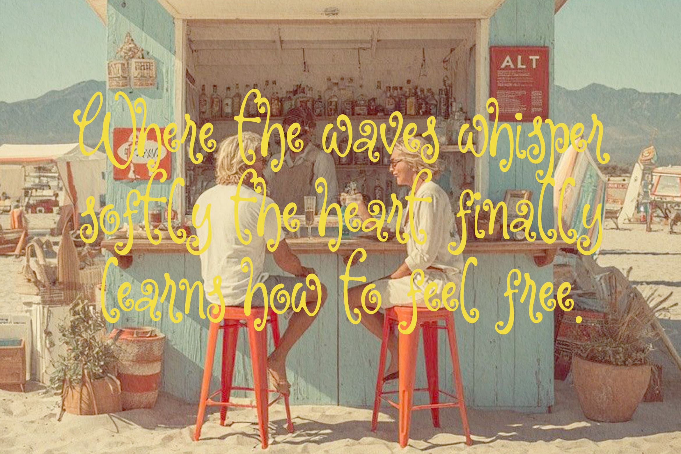 Retro beach scene with yellow script overlay about waves, heart, feeling free