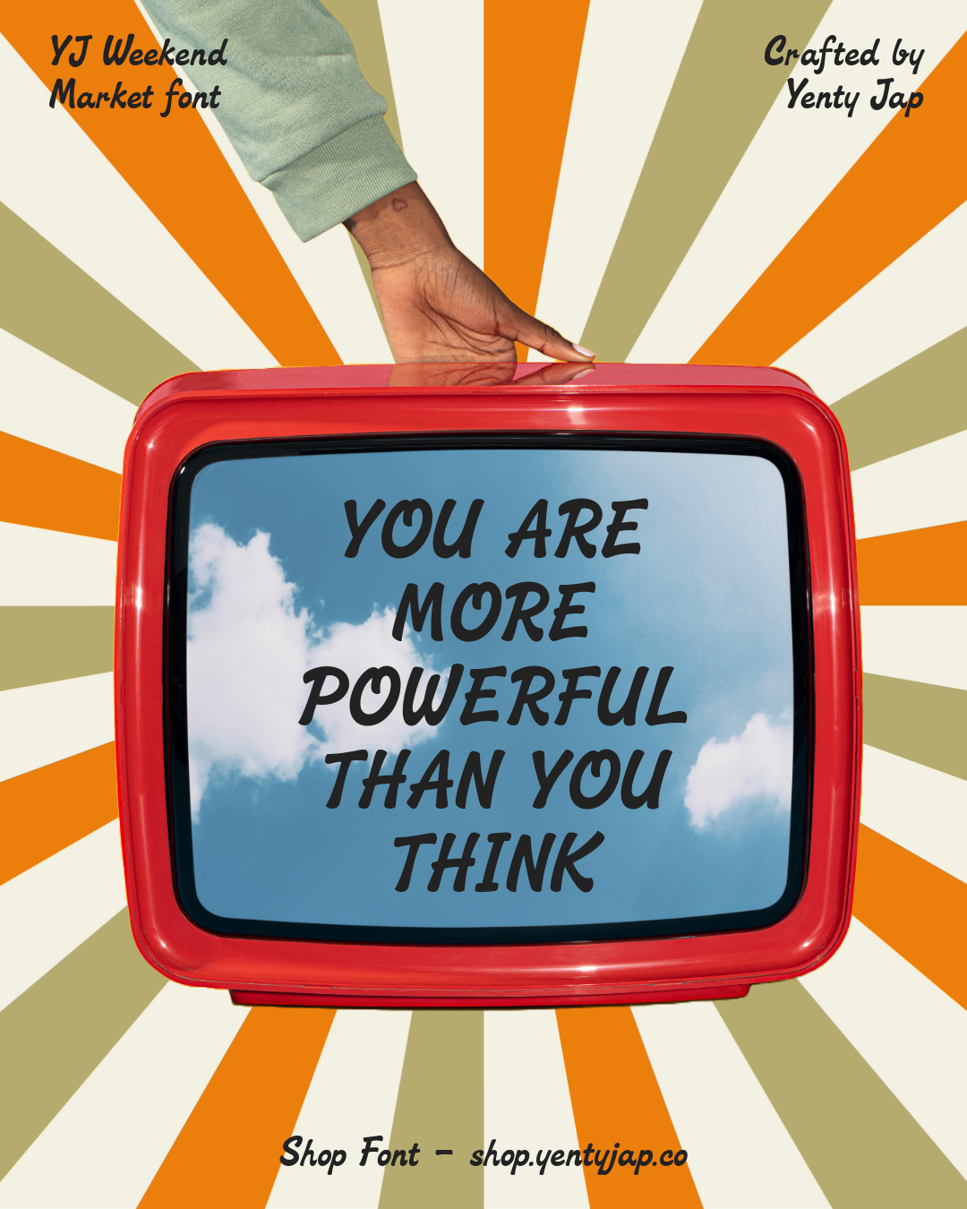 Retro red TV displaying motivational text on striped background with hand touching screen