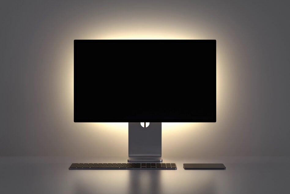 Modern desktop setup with monitor, keyboard, trackpad on soft gray backdrop