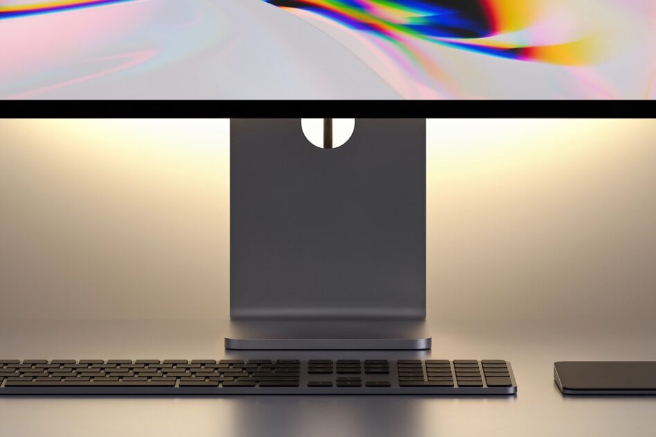 Dark phone mockup on desk with keyboard, rainbow light leak at top
