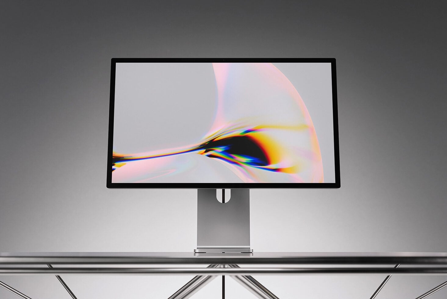Desktop monitor mockup with vibrant chromatic aberration effect on display