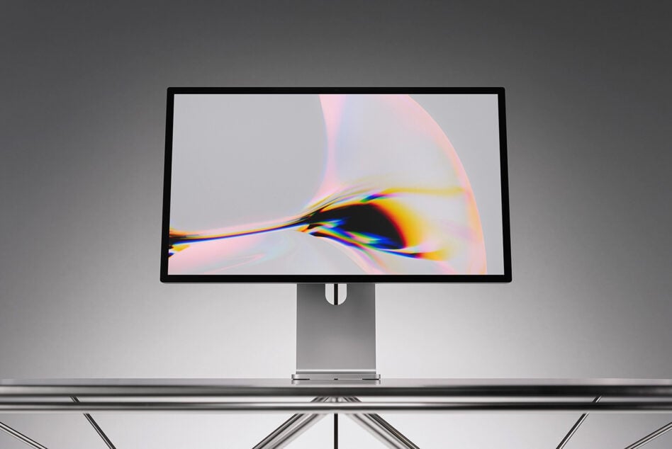 Desktop monitor mockup with vibrant chromatic aberration effect on display