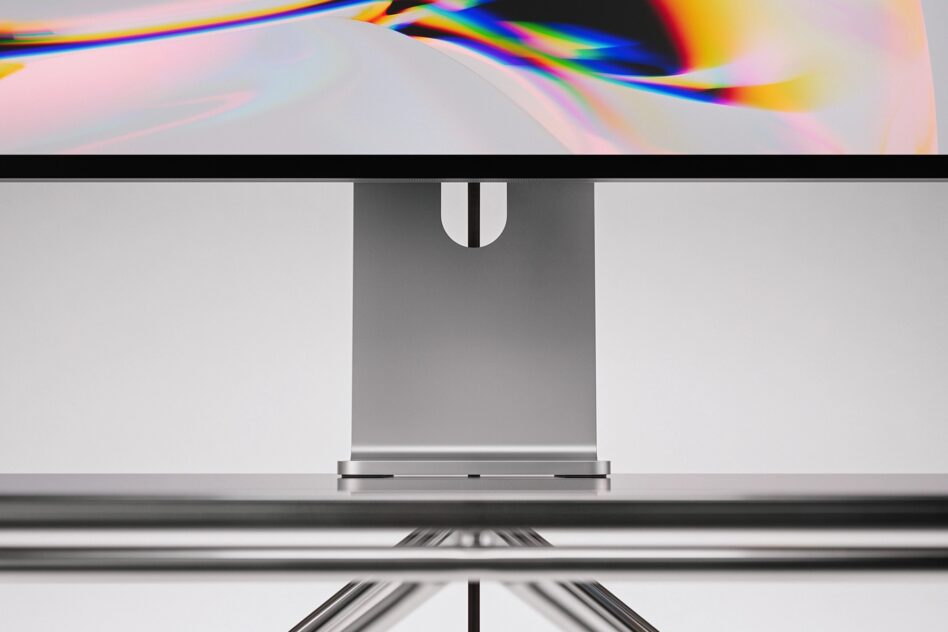 Holographic prism light leak over blank hanging garment bag mockup with metal rail