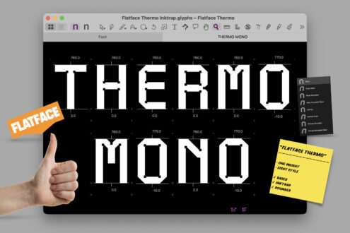 Flatface Thermo font displayed in design software with glyph variations shown in white on black