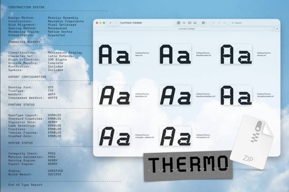 Flatface Thermo font family showing 9 weight variations with construction specs, character support details, plus file formats on blue background