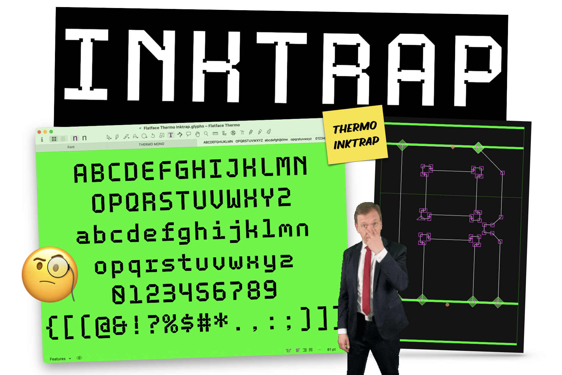 Thermo Inkrap monospace font shown in Flatface editor with neon green preview, design wireframe, confused emoji