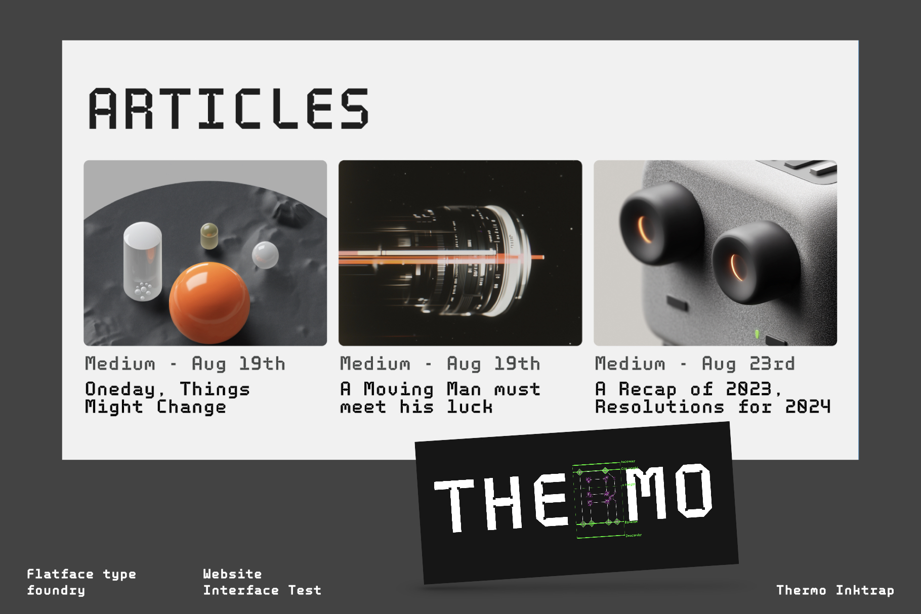Grid layout showing three article cards with product photos plus branding mockup below